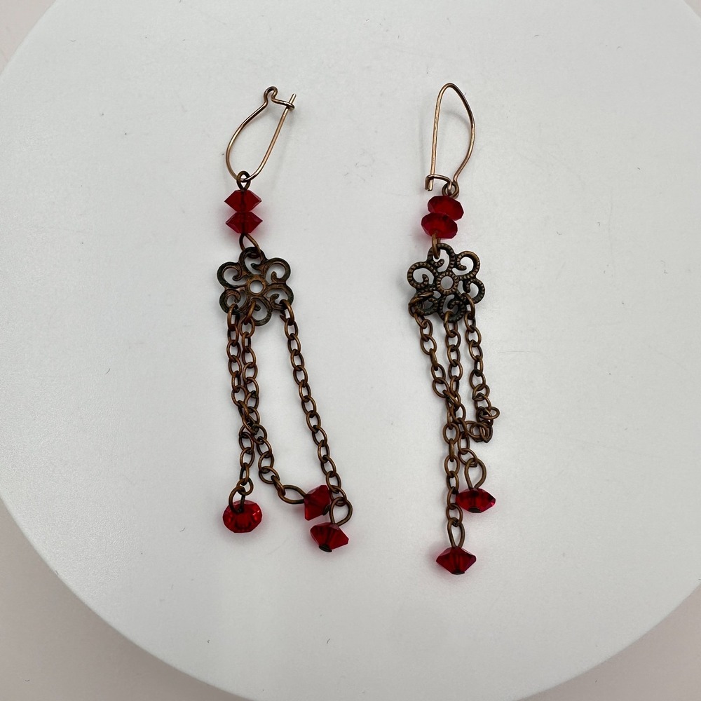 Vintage 90s Bronze Tone Red Beaded Dangle Earrings Women's Classic Jewelry